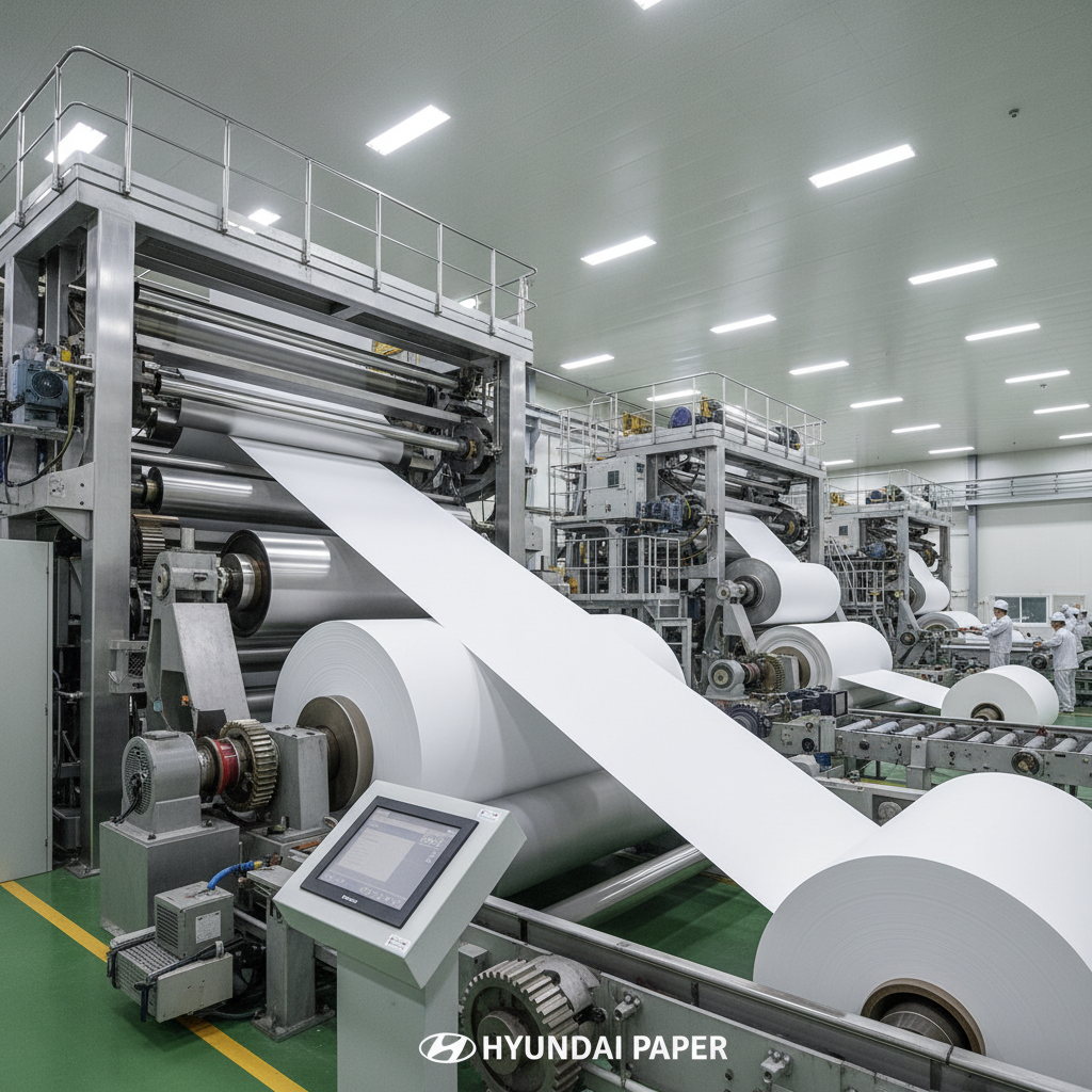 현대적인 제지 공장 내부에서 거대한 롤러 사이로 하얀 종이가 쉴 새 없이 생산되는 정밀한 기계 설비의 모습과 밝고 깨끗한 산업 현장의 분위기