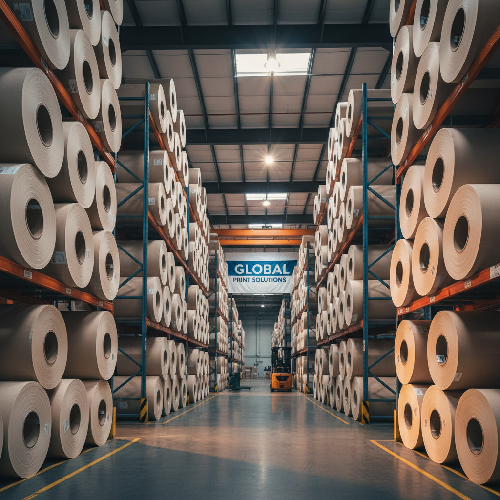 창고에 질서 정연하게 쌓여 있는 거대한 고급 인쇄용 종이 롤들과 은은한 조명이 종이의 매끄러운 질감과 대규모 생산 규모를 강조하는 장면