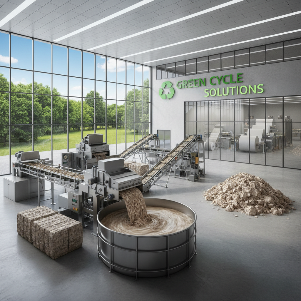 재생 종이를 생산하기 위해 폐지를 친환경적인 펄프로 가공하는 과정과 지속 가능한 자원 순환을 상징하는 깨끗하고 현대적인 재활용 시설의 전경