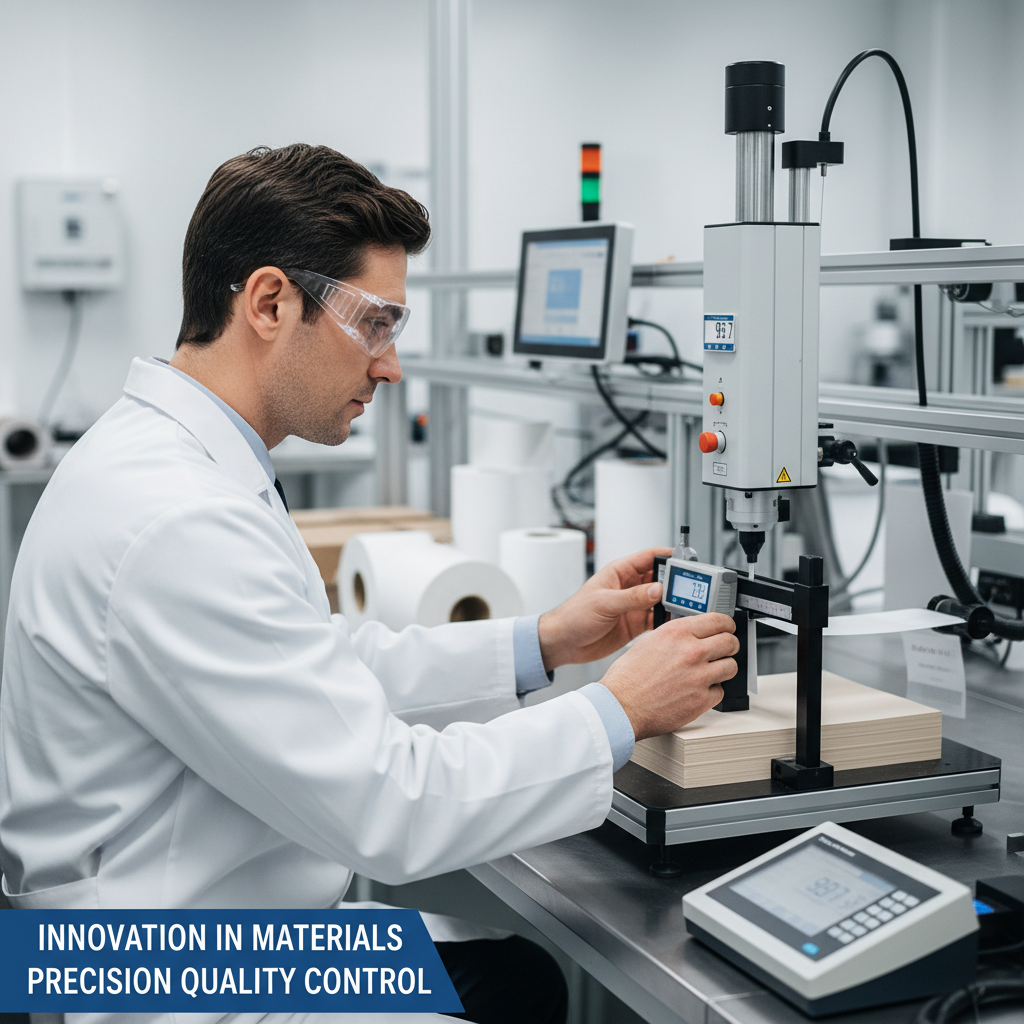 연구실에서 흰색 가운을 입은 전문가가 디지털 측정 장비를 사용해 종이의 두께와 강도를 정밀하게 테스트하는 고해상도 품질 관리 작업 모습