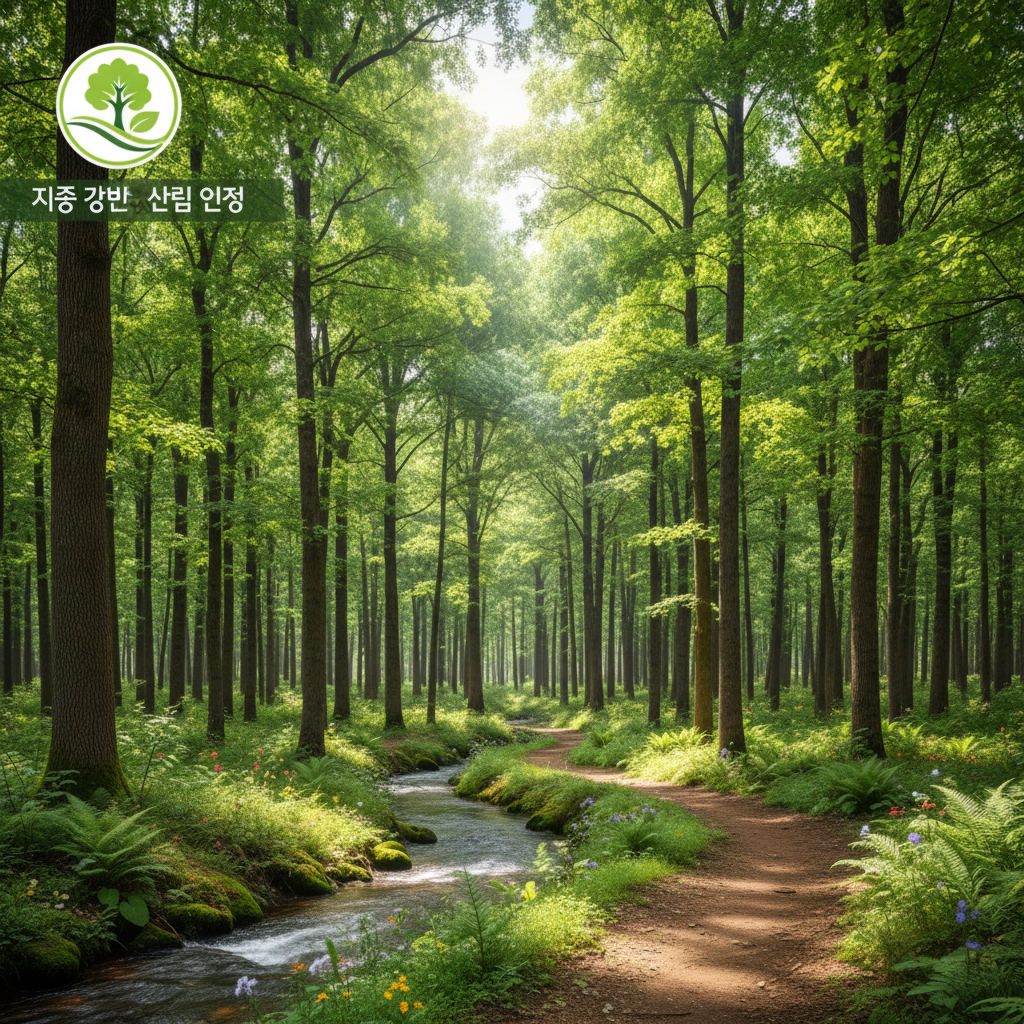 지속 가능한 제지 산업을 위해 체계적으로 관리된 울창한 숲의 풍경과 친환경 산림 인증 마크가 조화를 이루는 평화롭고 푸른 자연경관