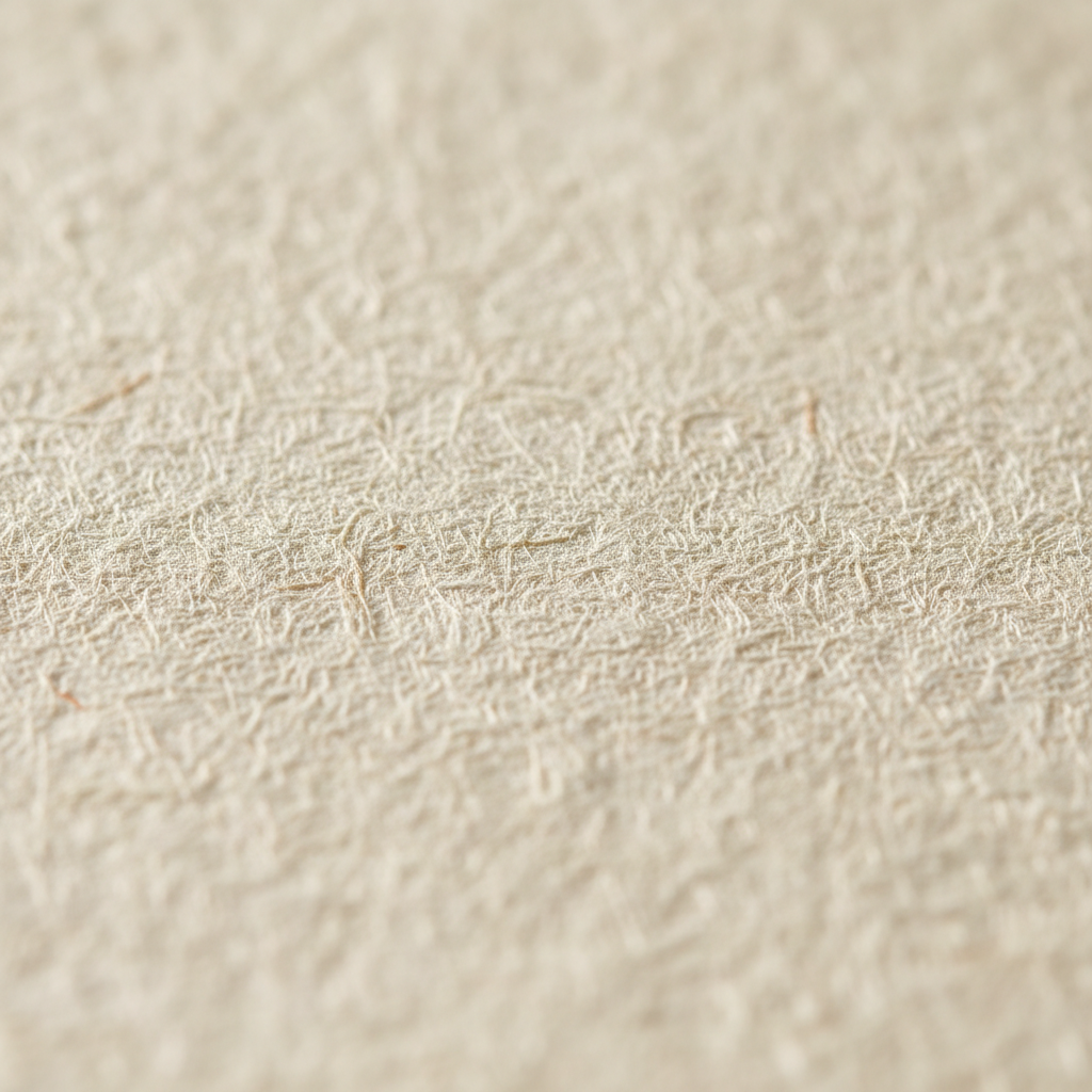 고급 질감의 수입지 표면을 초근접 촬영한 매크로 이미지로 종이 특유의 섬유 조직이 섬세하게 보이며 부드러운 자연광이 비치는 감성적인 사진